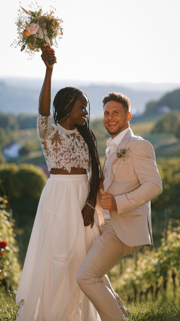 Foto von glücklichem Brautpaar in der Südsteiermark zwischen den Weinreben bei Sonnenuntergang